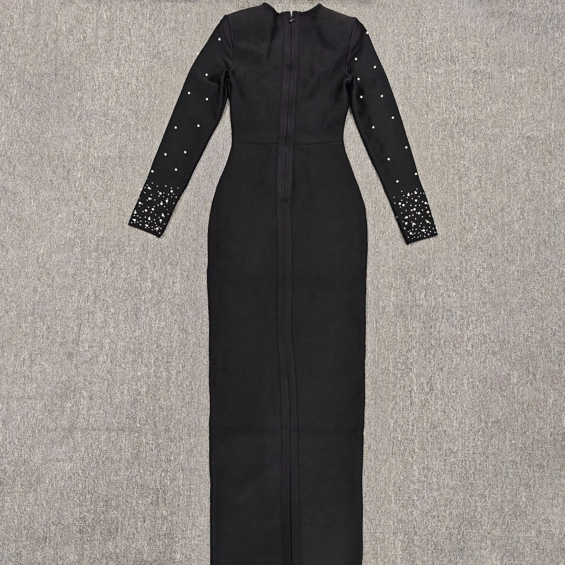 Vestido de noche elegante de manga larga con cuello en V y incrustaciones de diamantes para mujer, vestido adelgazante de moda brillante de alta gama