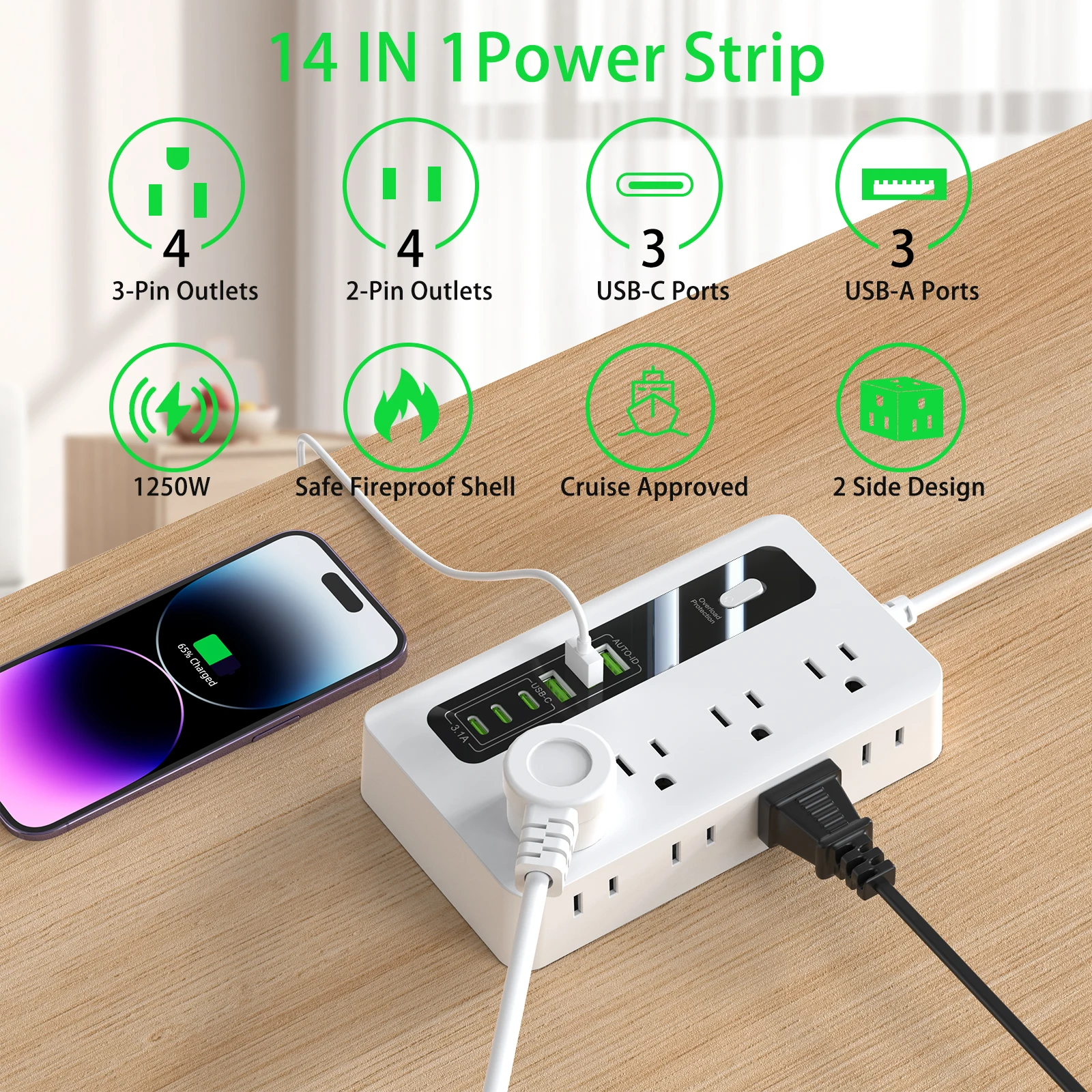 HITRENDS Flat Plug Power Board with 8 AC outlets 3 USB A and 3 Type C, Mulit-Socket Surge Protector, 2M extension cable