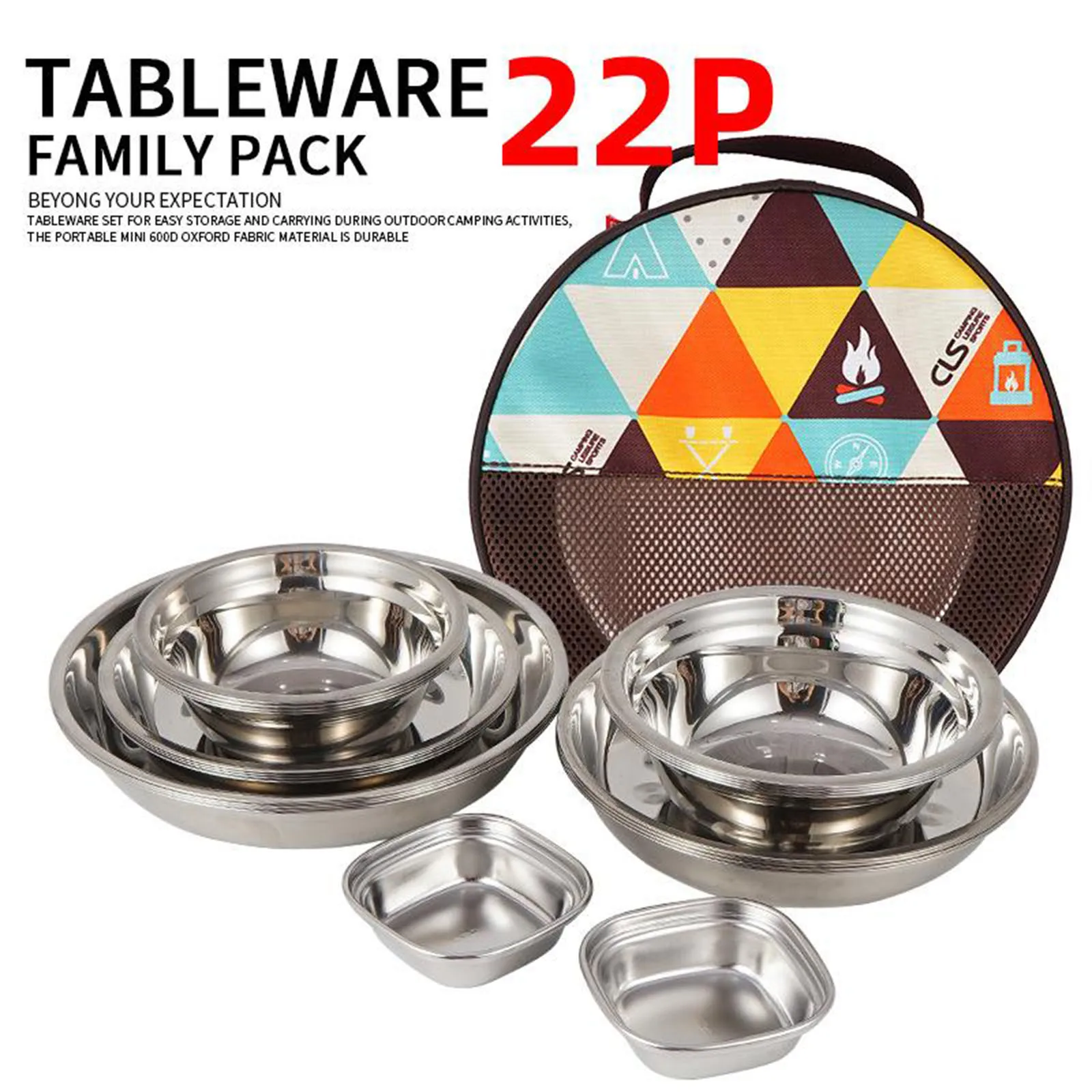 22Pcs/Set Camping Stainless Steel Dinner Dish Plate Durable Outdoor Picnic Tableware Salad Bowl Food Container