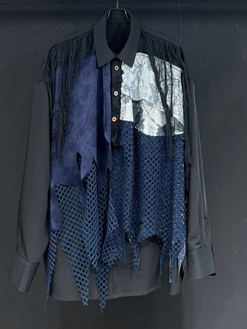 Layered Patchwork Men's Shirt Contrast Color Design Long Sleeves Single-breasted Turn-down Collar Loose Male Shirts ZSQ3