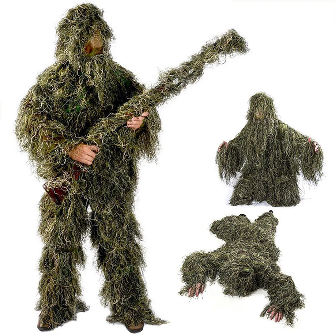 5 in 1 Ghillie Suit,3D Camouflage Outdoor Hunting Apparel Including Jacket,Pants,Hood,Carry Bag for Adults Kids Youth HOT