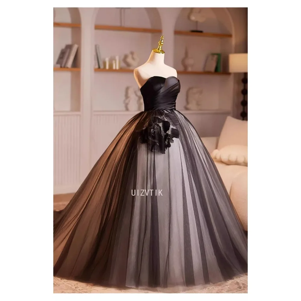 فستان سهرة من الساتان الأسود مخصص للنساء مأدبة أنيقة بدون حمالات على شكل حرف a زهور للحفلات الرسمية فساتين فيستدو دي فييستا