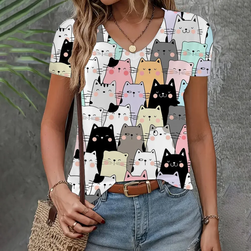 

2024 New T-shirt Women Clothing Cat Pattern Short Sleeve Summer Loose Casual Top Fashion V-neck Clothing Elegant Women T-shirt