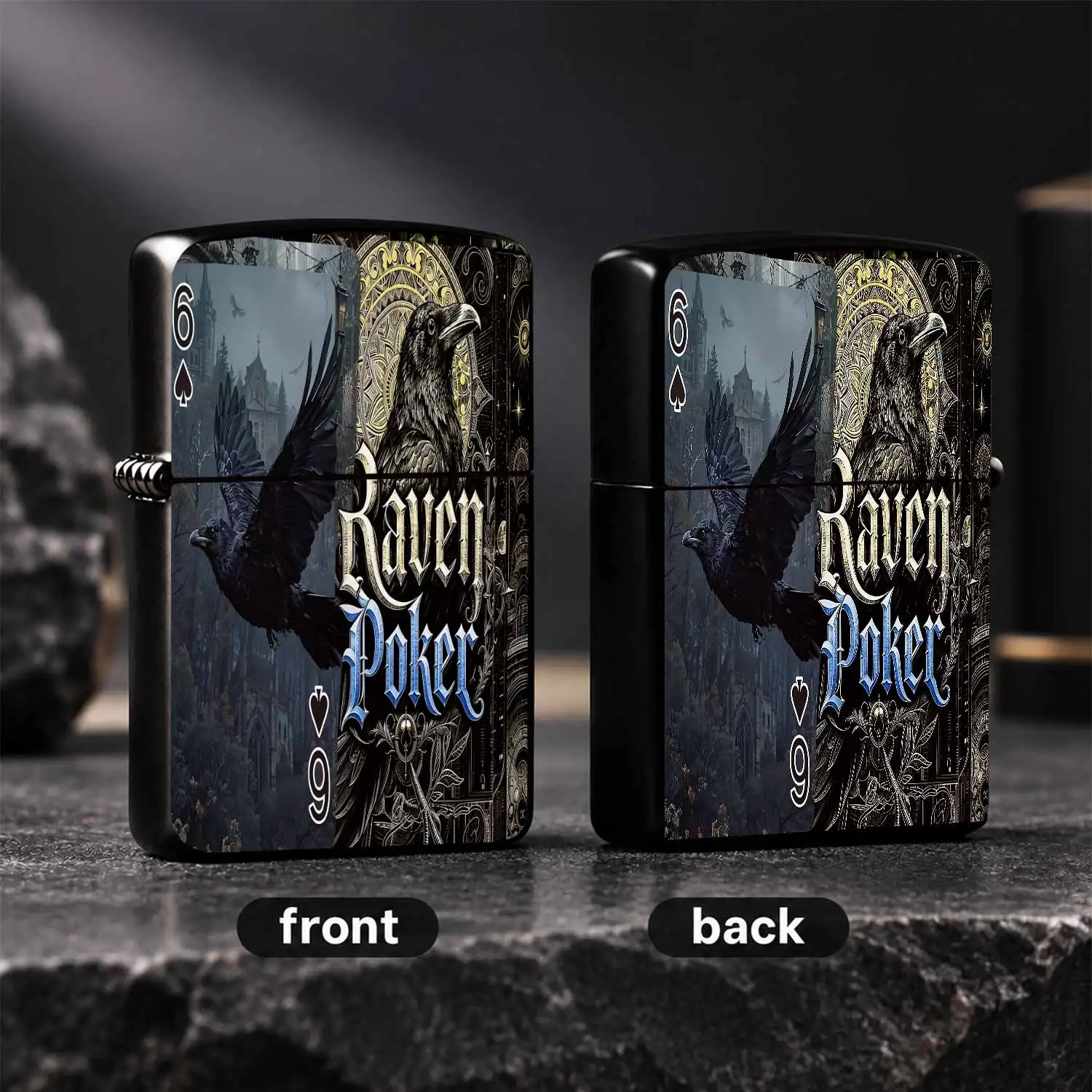 Raven Poker Themed Decorative Lighter Vintage Gothic Dark Style Ornate Playing Card Pattern Portable Lighter For Daily Travel Outdoor Multi Scenarios Unique Exquisite Practical Gift For Friends Family Trendy Stylish Sou A Humorous And Inter