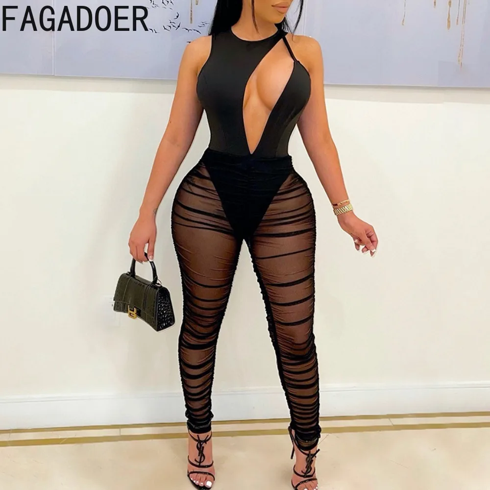 FAGADOER Black Sexy Mesh Perspective Hollow Out Bodysuits Two Piece Sets For Women Sleeveless Slim Top And Skinny Pants Outfits