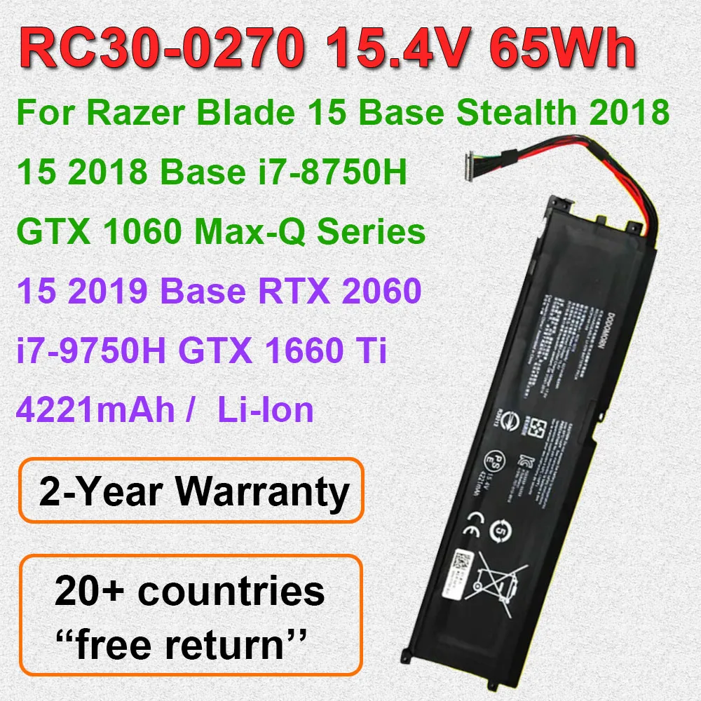 

RC30-0270 Аккумулятор для ноутбука Razer Blade 15 2018 Base i7-8750H GTX 1060 Max-Q 2019 Base i7-9750H GTX 1660 Ti RZ09-0270 65 Втч