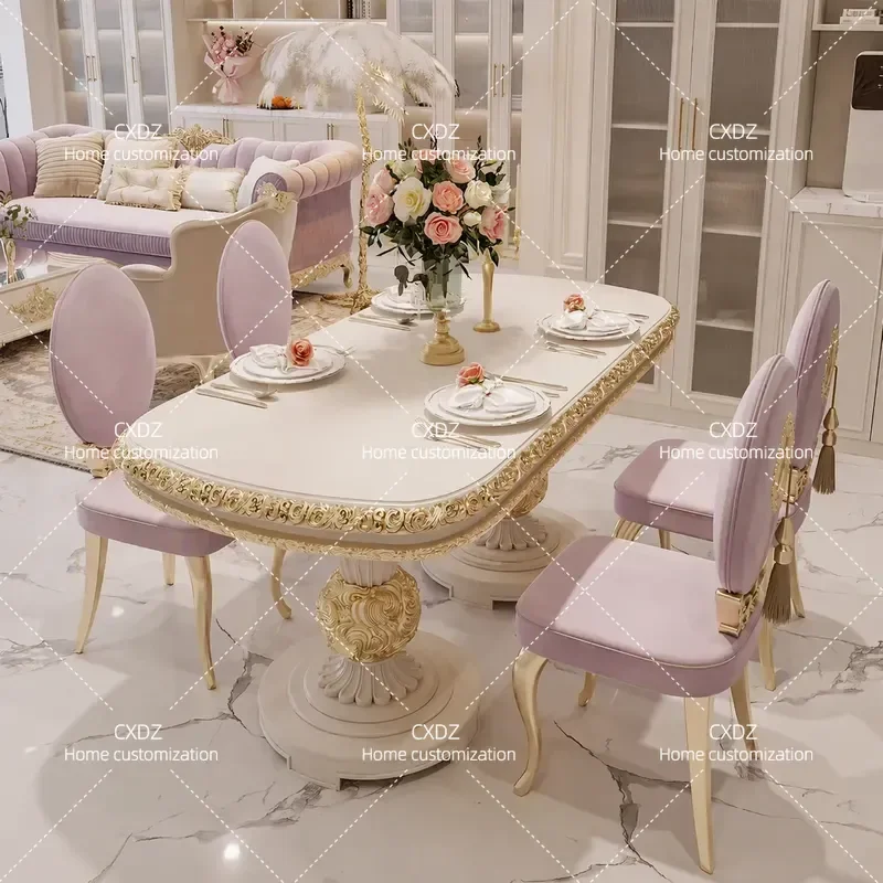 French Light Luxury Carved Solid Wood Dining Table and Chair Set High End Oval Dining Room Furniture for Living Room