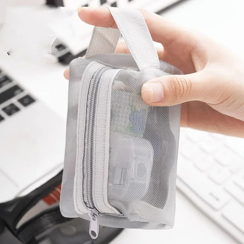 Portátil mini claro zíper sacos de armazenamento viagem quadrado náilon malha moeda bolsa grande capacidade chave fone de ouvido organizador bolsa sac
