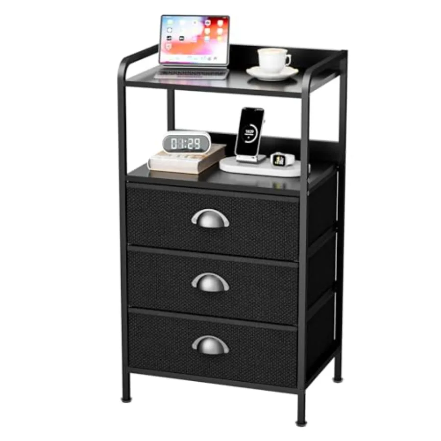 

Night Stand with 3 Fabric Drawers, Bedside Table with Wood Top and 2 Tier Shelf, End Table with Storage Drawer Dresser, Small S