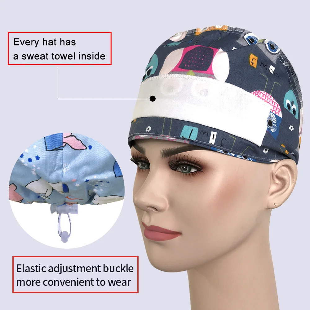 Nice-looking Printing Doctor Hat Surgical Cap for Long Hair Classic Nurse Baotou Caps Women Men Sweat-absorbent Towel Scrub Hat