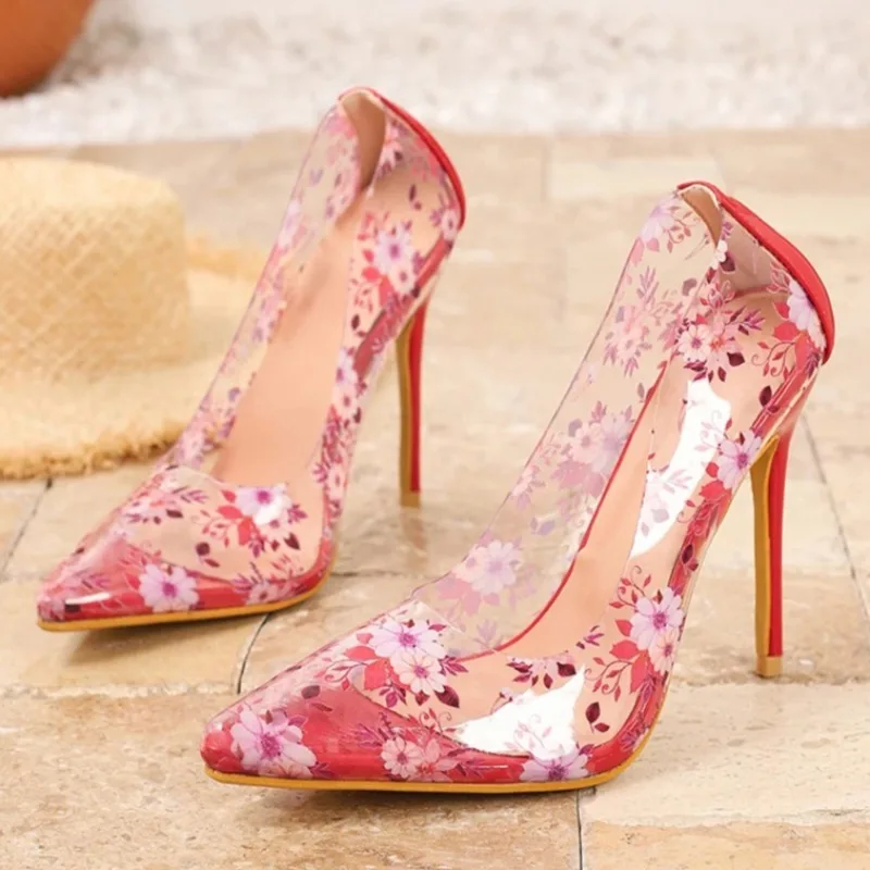 

Sexy Red Print PVC Transparent Women's Pumps 2026 New Fashion Pointed Toe Stiletto High Heels Women Shallow Party Dress Shoes