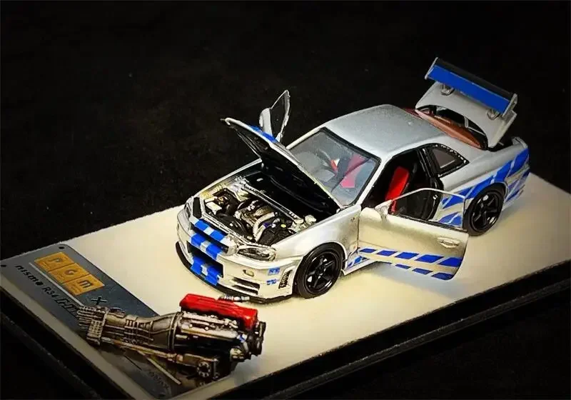 PGM x One model 1:64 GTR R34 Z-TUNE Silver Blue Limited999 Diecast Model Car