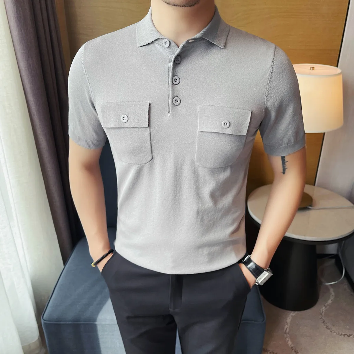 

Korean Fashion Double Pocket Design Short Sleeved Knitted T-shirt Men's Summer Slim Fit Lapel Ice Silk Casual Polo Shirt M-4XL