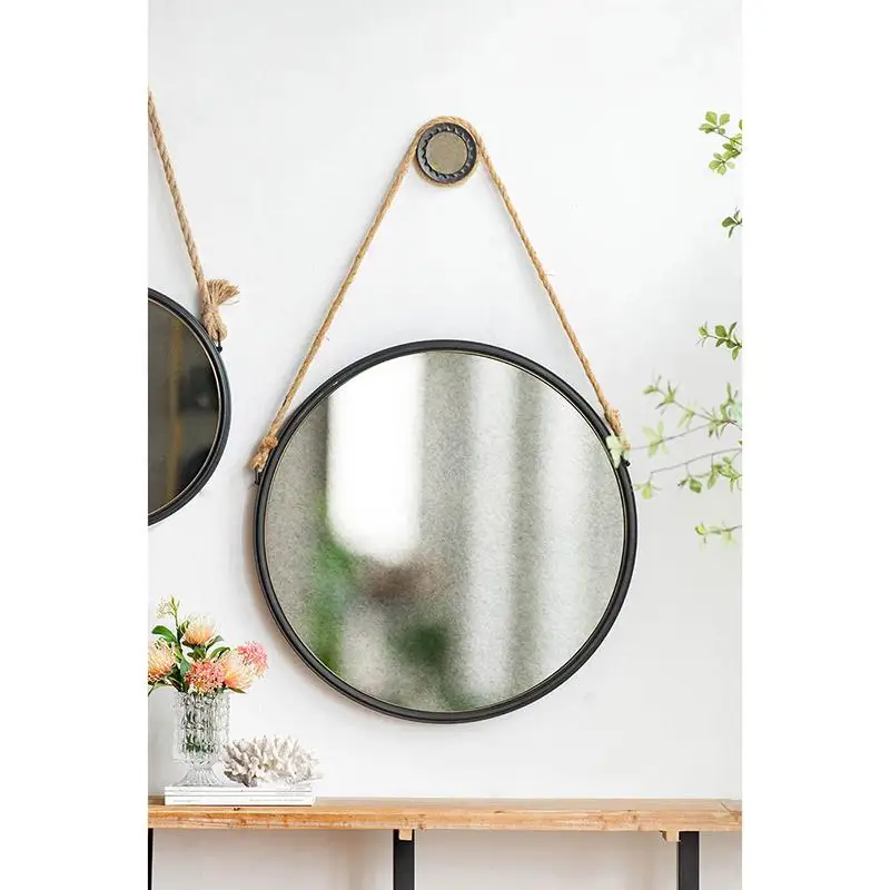 

29.5" Round Mirror with Black Frame and Rope Strap for Contemporary Industrial Decor in Bathroom, Bedroom, or Living Room