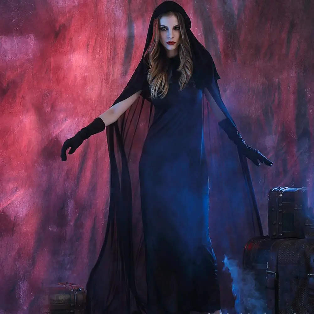 Halloween Dresses Dark Style See-through Halloween Cosplay Costume Mysterious Cape Floor Length Creepy Scary Role Play Dress