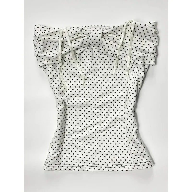 Women's Polka Dot Off-Shoulder Top Bow Detail Ruched Slim-Fit Blouse for Daily
