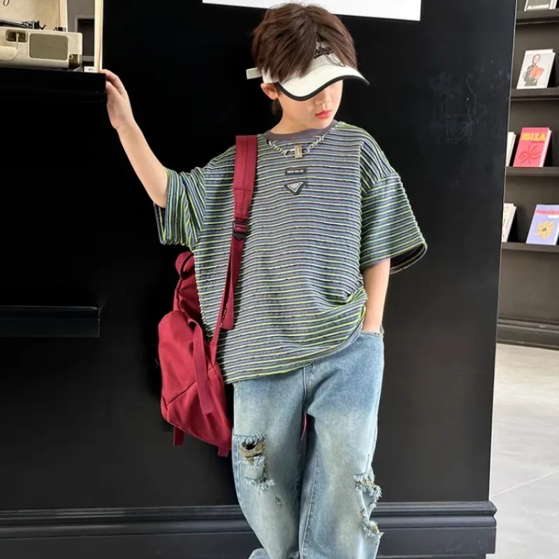 2026 New Boys' Short Sleeve Striped T-Shirt Cotton Blend Summer Kids' Apparel Trendy Casual Wear