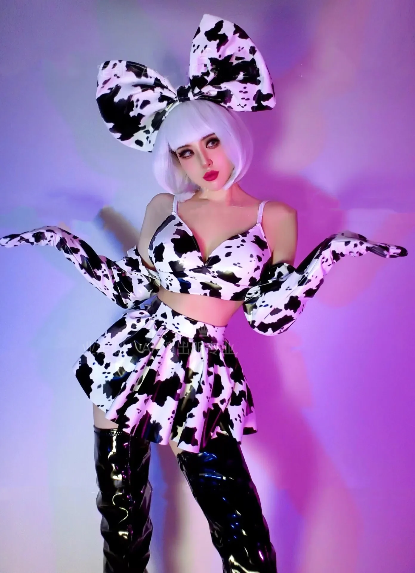 Nightclub Party Club Rave Gogo Sexy Stage Costume Cow Pattern Bikini Skirt Outfits DJ Dancer Team Festival Performance Clothes