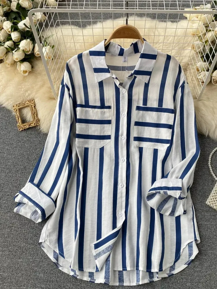 Fashion Woman Blouse 2023 Medium Length Vertical Stripe Shirt Jacket for Women\'s Korean Casual Loose Fitting Elegant Top