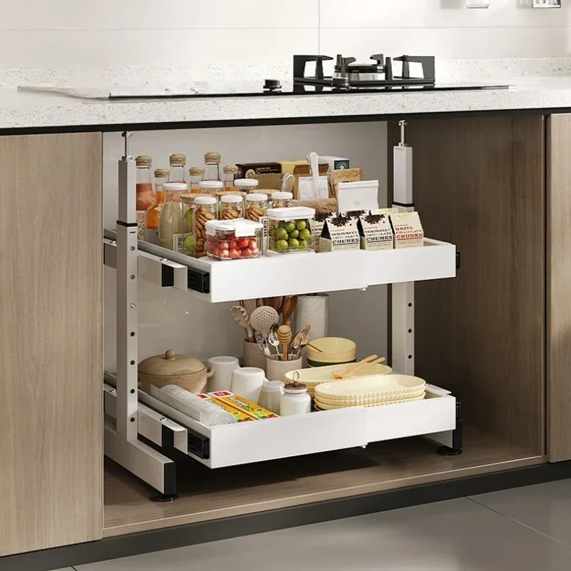 New model Dish seasoning storage rack under kitchen cabinet Non-punching and pulling bowl rack Retractable storage basket rack