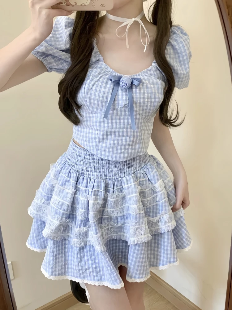 Women Short Sleeve Y2k Crop Tops + Elegant Mini Skrits 2023 Summer Korean Fashion Suits Chic Sweet Plaid Fairy 2 Piece Dress Set