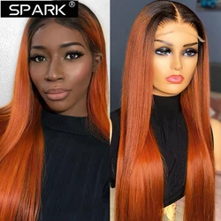 Peruca de cabelo humano reta para mulheres negras, perucas frontais de renda, perucas coloridas, gengibre laranja, fechamento de renda