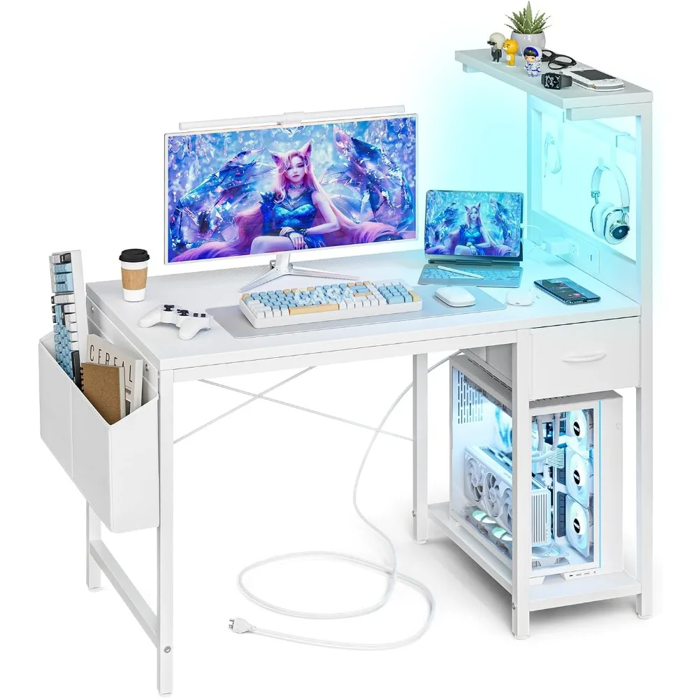 

Gaming Desk 40 Inch with Power Outlet and LED Light, Computer Desk with Reversible Shelves and Storage Drawer, Pc Small Desk for