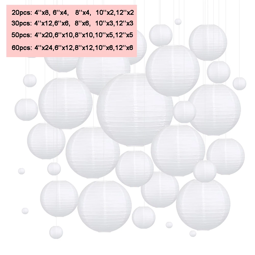 20/30/50/60 قطعة مختلطة 4-12 ''الزفاف فانوس أنيقة الأبيض ورقة الصينية الفوانيس الكرة Lampion معلقة عاكس الضوء الطرف الديكور
