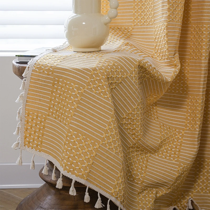 Cotton Linen Rural American Style Plaid Embroider Window Curtain with Tassels Blackout Valance Living Room Bedroom Curtain