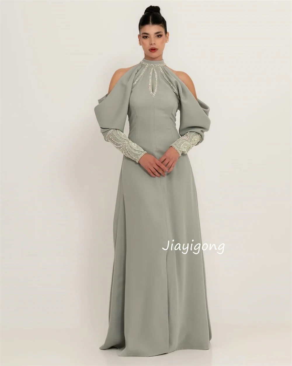 Customized Sizes Available Jersey Sequined Pattern A-line Halter Long Prom Dresses Bespoke Occasion Exquisite Formal