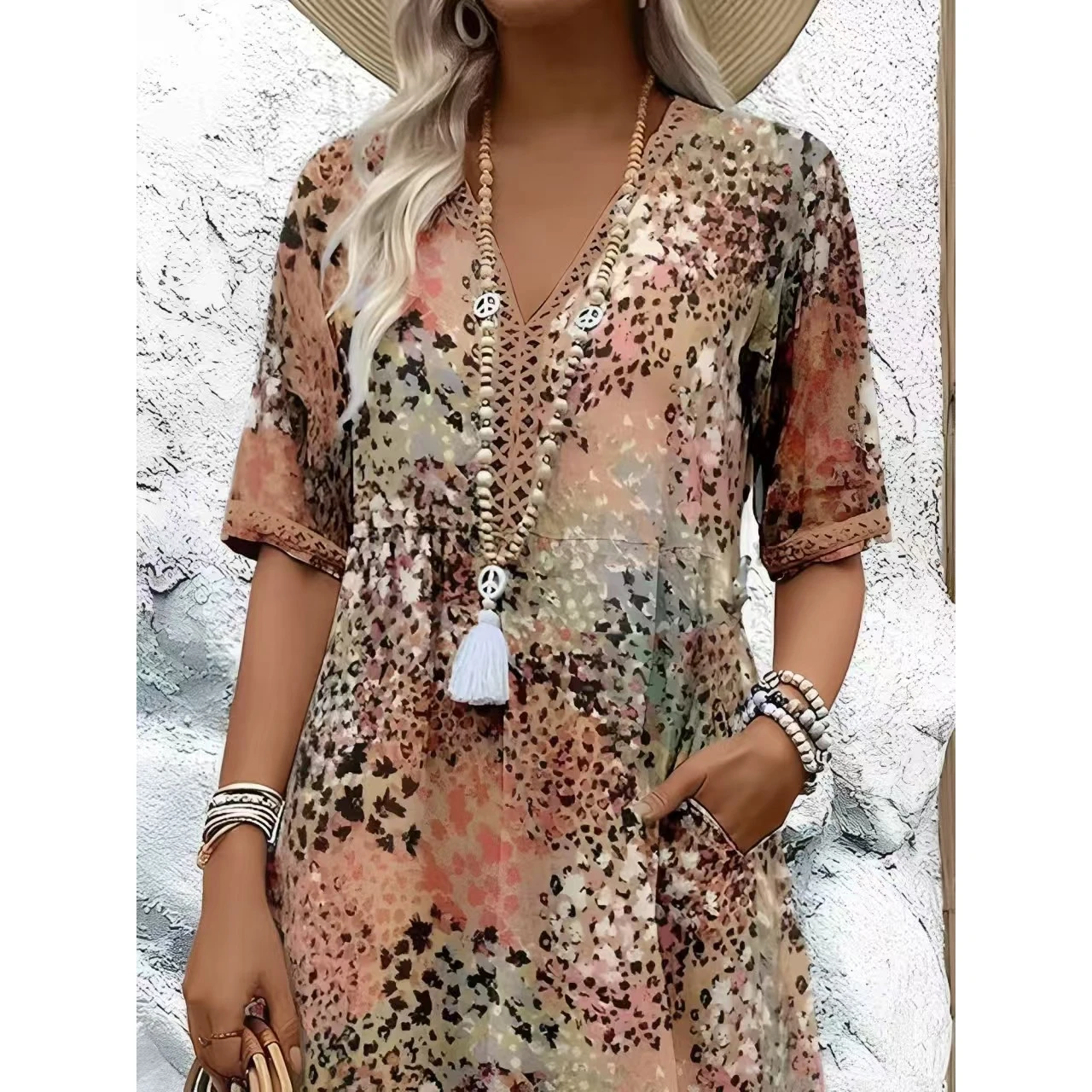Fashionable 2026 Short Sleeve V-Neck Printed Trimmed Dress Cross-Border New Style Loose Waist Design  Linen Material