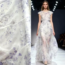 Pure 100% Mulberry Silk Fabrics Women Shirts Summer Dress Print White Blue Flower Pattern Tissus Chiffon Georgette 138CM Sewing