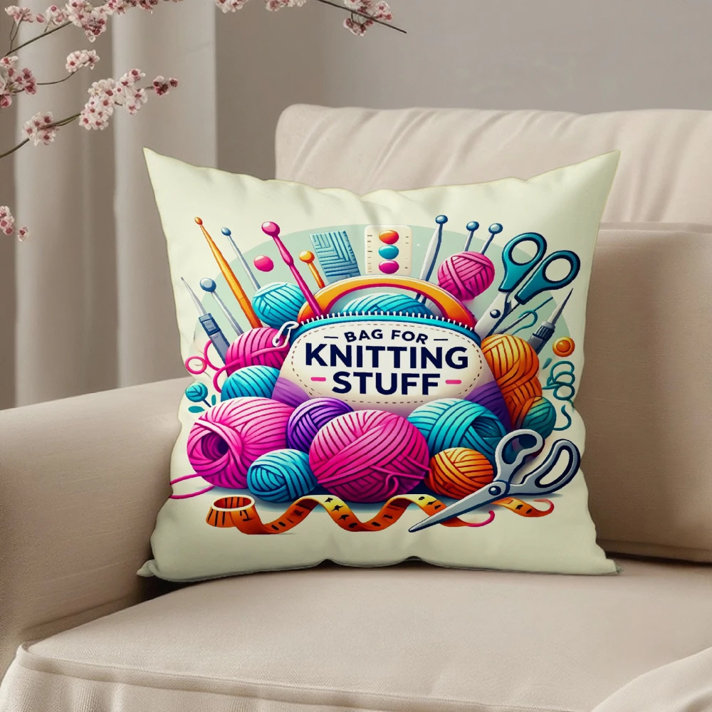 Decorative Throw Pillow Case Cream White Knitting Stuff Yarn Balls Scissors Needles Illustration For Living Room Sofa Bedroom Ho