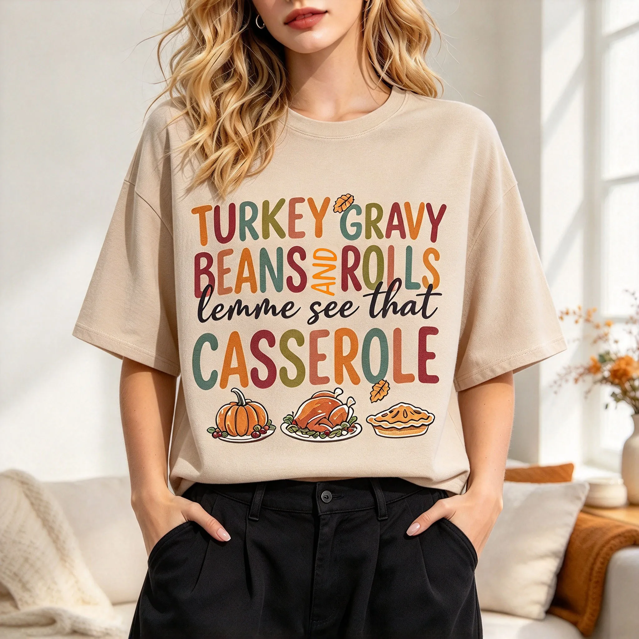 Unisex Thanksgiving Turkey Gravy Beans Rolls Casserole Graphic T‑Shirt Fall Holiday Themed Casual Short Sleeve Loose Top