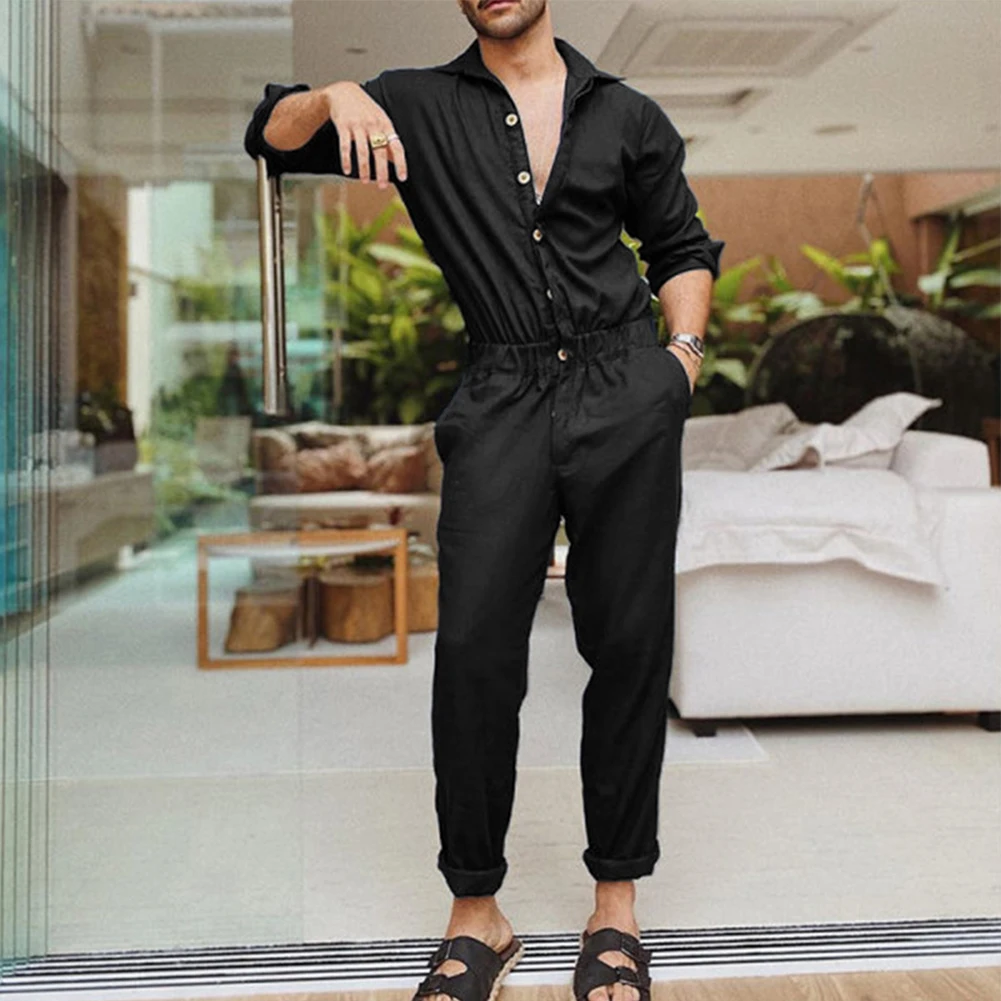 Overalls Jumpsuits Trousers Elastic Waist Fashion Lapel Collar Lapels Long Pants Male Overalls Single Breasted