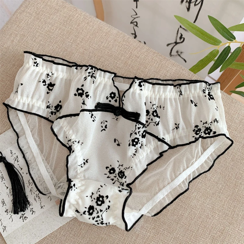 Ink Chinese Style Women Underwear Feminine Feeling New Shorts Lace Girl Mid-rise Pants Cotton Crotch Briefs Breathable Panties