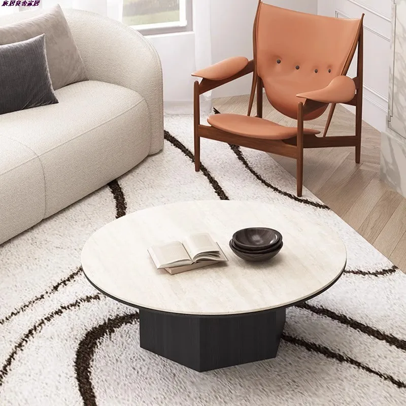 Light luxury new French cream rock slab oval coffee table modern simple living room household small apartment travertine tea