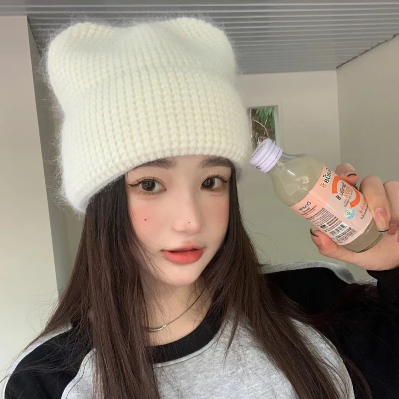 Hot selling solid color rabbit hair knitted hat with pointed ears, cute ear protection, warm winter versatile woolen hat