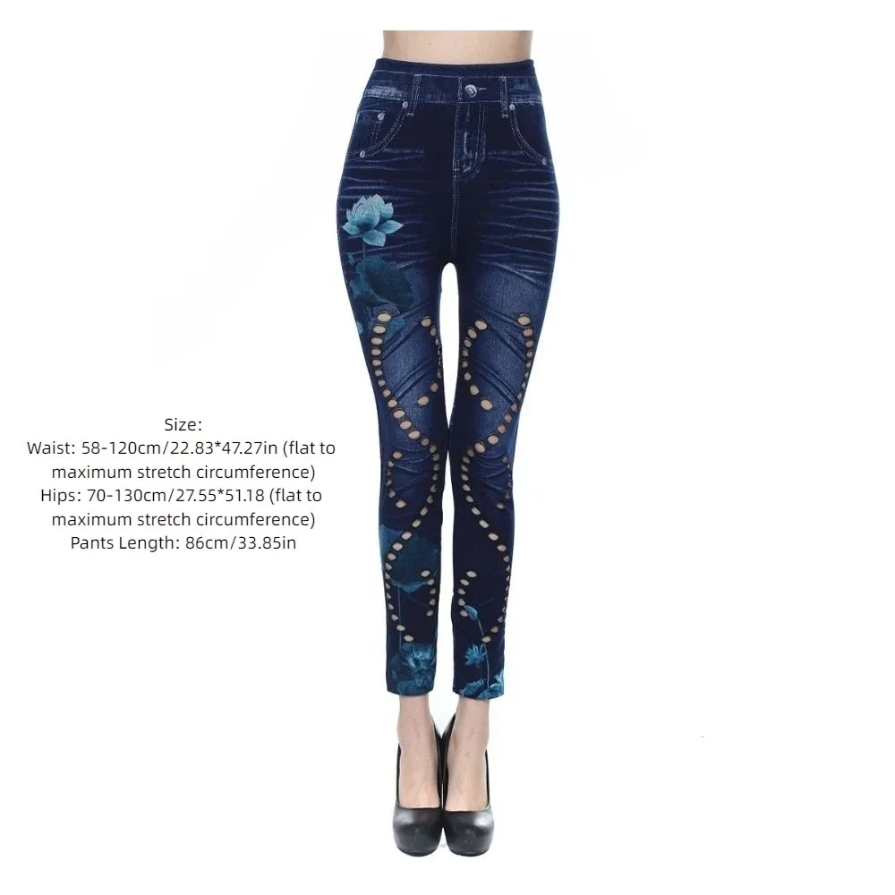 하이웨이스트 섹시 여성 슬림핏 레깅스 페이크 데님 하트 플라워 패턴 스트레치 레깅스 홀로우 아웃