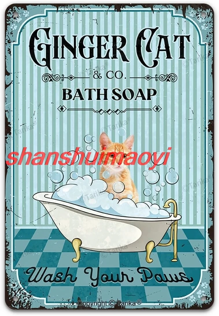 Ginger Cat & Co. Sapone da bagno Lavare le tue zampe Targa in metallo vintage Divertente adorabile gattino Pet Art Stampa Poster Bagno Toile KMN