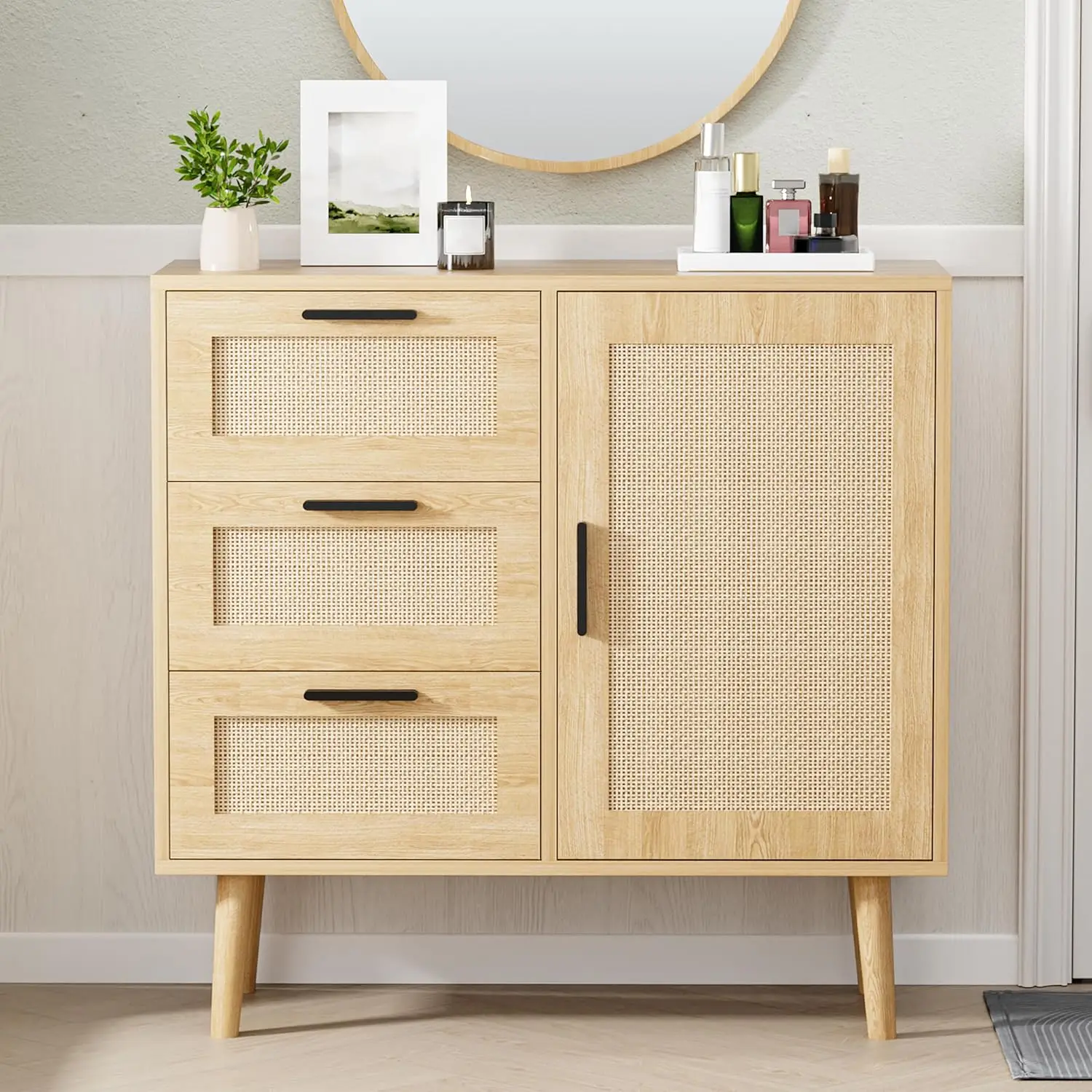 

Cabinet, Handmade Natural Rattan Free Standing Buffet Cabinet, Sideboard and Buffet Storage, Wood Accent Cabinet for Liv