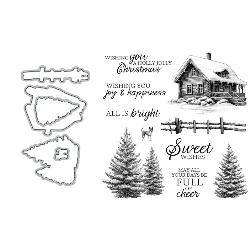 

Winter Pine Trees Cottage Cutting Dies Clear Stamp DIY Scrapbooking Metal Dies Silicone Stamp For Cards Albums Decor