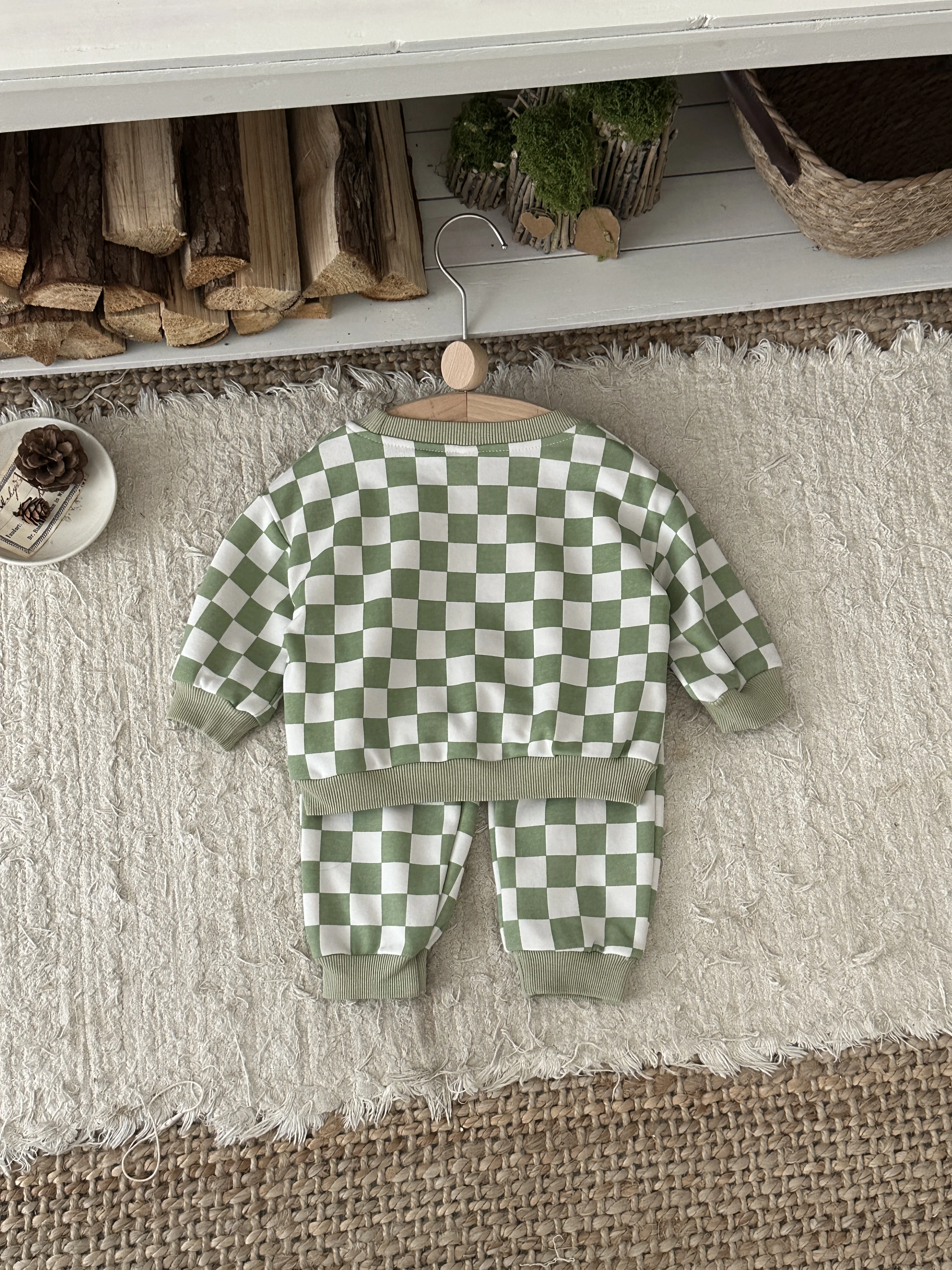 Spring Autumn Baby Trendy Checkerboard Unisex Kids Set, Drawstring Waist Skin-friendly Sweatshirt 2PCS Outfit