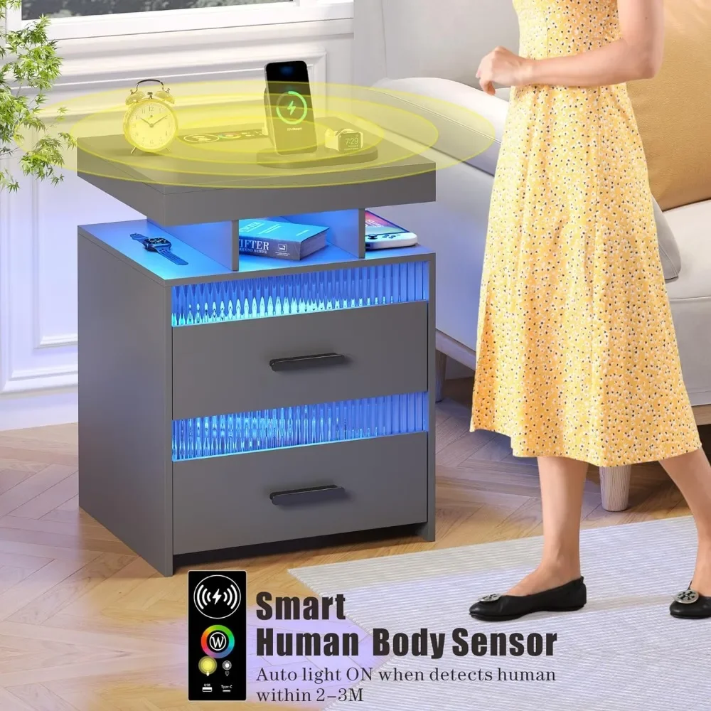 Bedside-End-Table-Smart RGB Nightstand with USB/Type-C/Wireless Charging Station and Human Sensor LED Lights