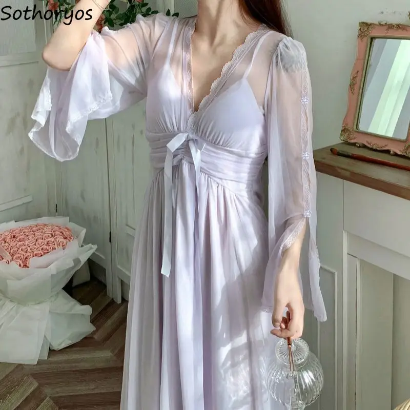 Nightgowns Women Sexy V-neck Gentle Lace-up Cute Vintage Graceful Ladies Midi Nightdress Chic Design Popular Autumn Loungewear