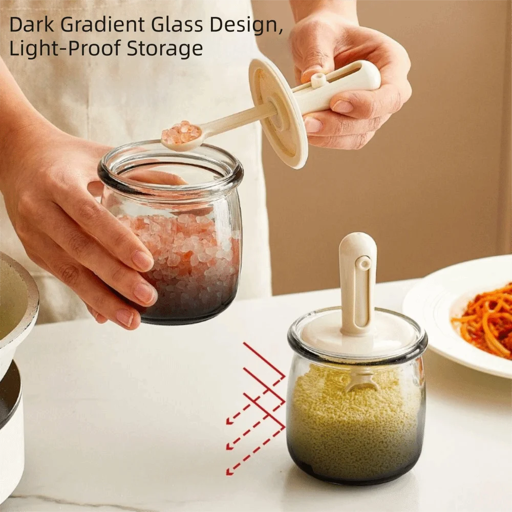 Leak Proof Glass Seasoning Bottle Retractable Spoon Moisture Proof Airtight Condiment Jar Light Proof Multifunctional