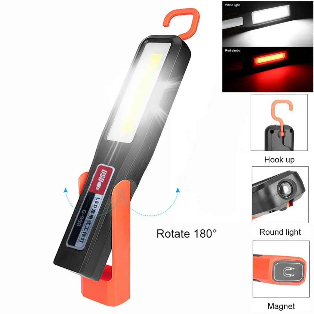 Powerful COB LED Work Light USB Rechargeable Flashlight Handheld Worklight Outdoors Car Inspection Light With Hook