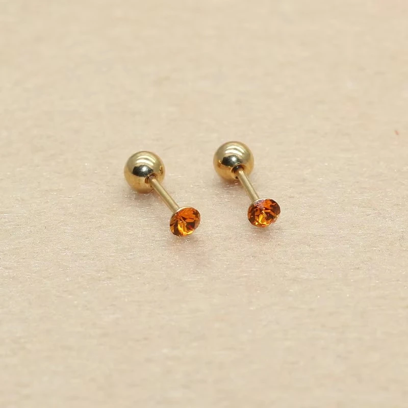 Stainless Steel Screw-Back Stud Earrings Orange Minin 3mm Stones With The Bar 1.0*6mm IP Plating No Easy Fade Allergy free Gift