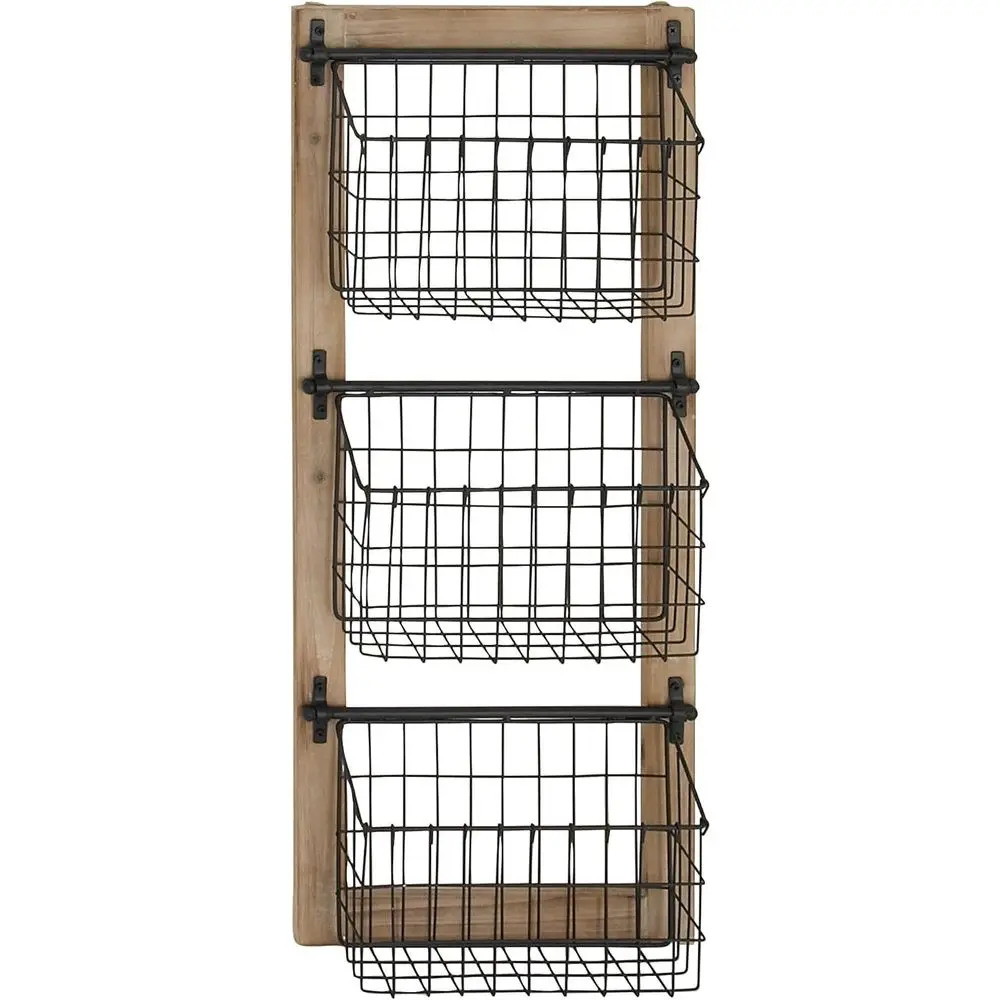 

Metal 3 Slot Magazine Rack Holder with Wood e and Suspended Wire Baskets, 14" x 5" x 34", Black