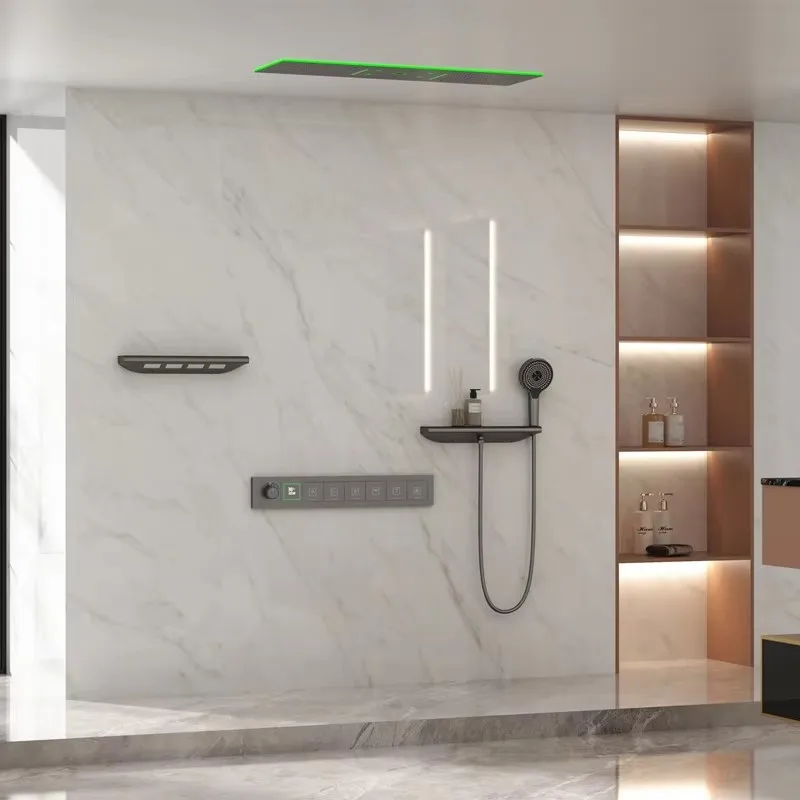 uxury Brass Gunmetal LED Display Thermostatic Shower System Bathroom Ceiling embedded concealed giant curtain Rainfall